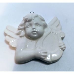 Vintage Porcelain Christmas Angel Cherub Ornament Harp Lute